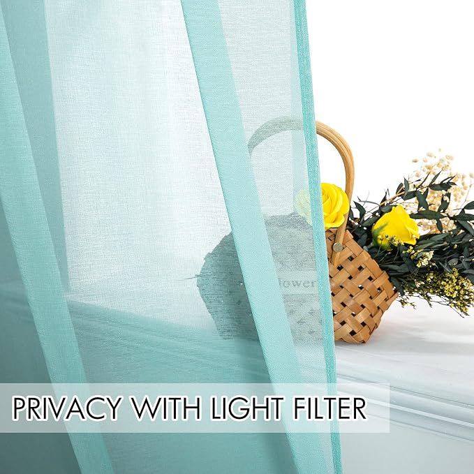 MIULEE 2 Panels Turquoise Semi Sheer Window Curtains 84 Inch Length Elegant Grommet Top Window Treatments Linen Textured Voile Drapes for Bedroom Living Room Aqua Blue Decor (37X84 Inches)