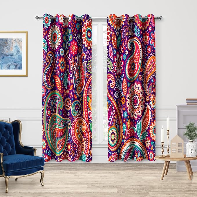 Jekeno Boho Colorful Floral Blackout Curtains Bohemian Mandala Flowered Grommet Privacy Drapes Decor Apartment Bedroom Living Room Darkening Window Treatments 2 Panels Set, Multicolor 42x84 Inch