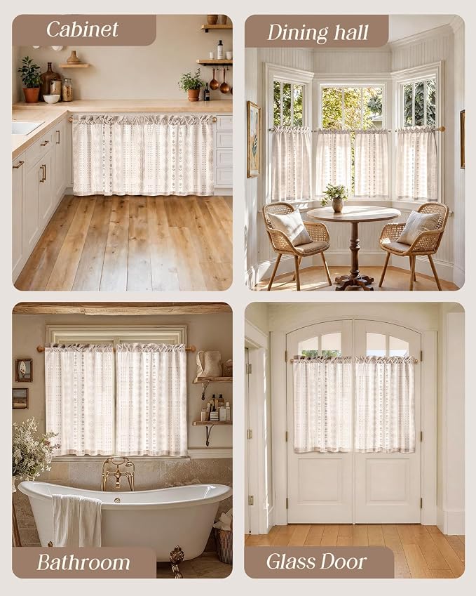 Miss Adola Farmhouse Kitchen Tier Curtains - 36 Inch Length Linen Blend Boho Cafe Curtains Striped Beige Small Window Treatments Over Sink Rod Pocket for Bathroom Living Room Light Filtering, 2 Panels