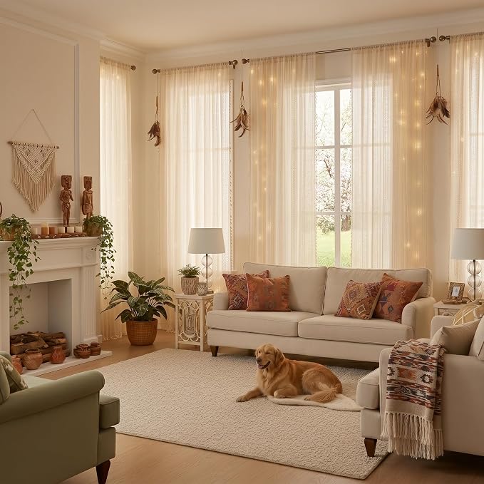 WAZZIO Boho Lace Curtains 102 Inch 2 Panel,Light Filtering Privacy Tassel & Geometry Crochet Semi Sheer Curtain Drapes for Bedroom Living Dining Room,Rod Pocket & Tassel,Vintage Farmhouse Decor,Beige