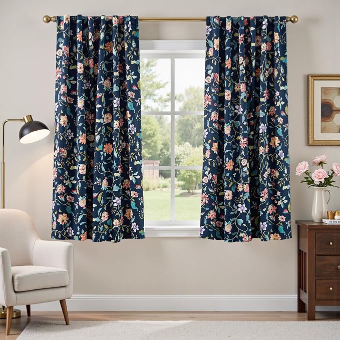 jinchan Hattie Dark Blue Floral Blackout Curtains 63 Inch Length – Room Darkening Drapes for Bedroom, Home Office & Study, Elegant Vintage Floral, Cozy Light Blocking, Set of 2 Panels Back Tab