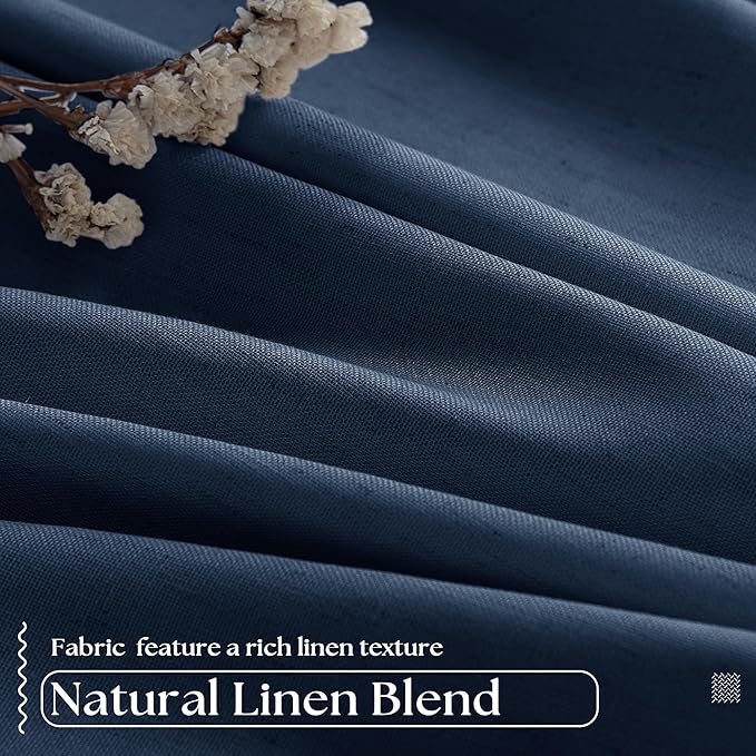Navy Blue Blackout Linen Curtains 108 Inches Long for Bedroom Pinch Pleated Black Out Curtains Lined 2 Layers Memory Shape Noise Reducing Rustic Farmhouse Living Room Darkening Window Drapes Indigo