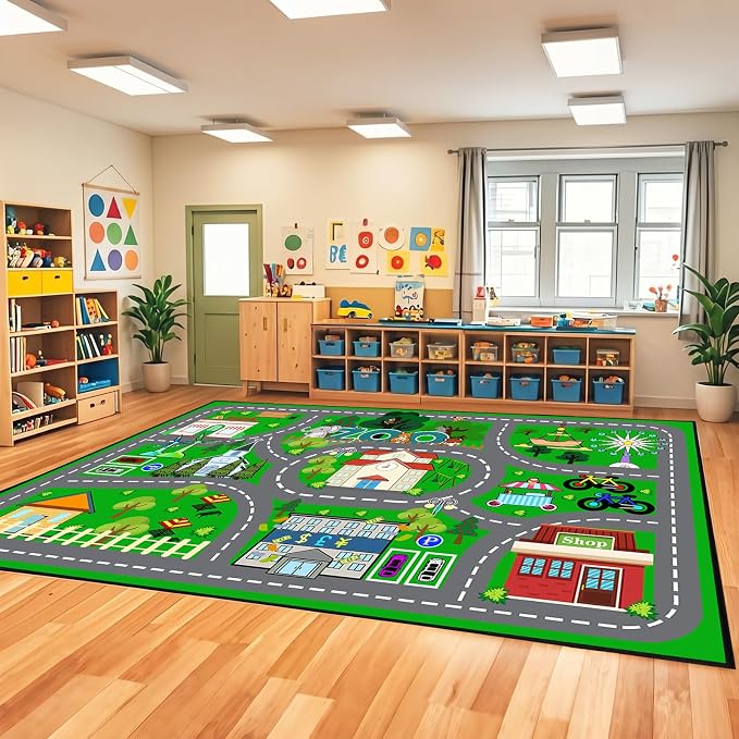 Car Rug Play Mat 6x9 Feet - Green Road Rug for Kids Boys Room, Fun Race Track Traffic Road Carpet for Boys Playmat Educational Learn, Car Carpet for Kids Room Decor Playmat Bedroom Playroom