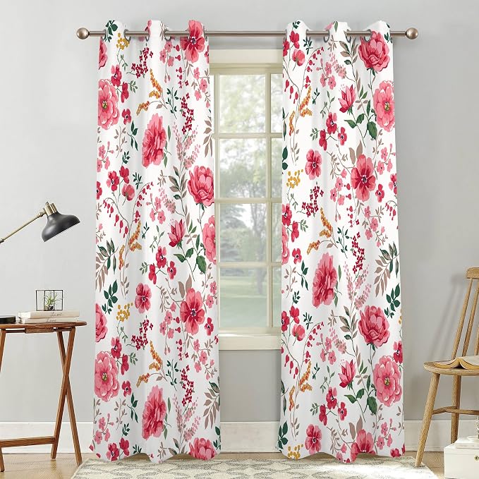 Renaiss Pink Rose Floral Curtains Red Peony Flowers Blackout Window Curtains for Bedroom Thermal Insulated Living Room Window Drapes 29W x 45L Inches 2 Panel Set, Grommet Top
