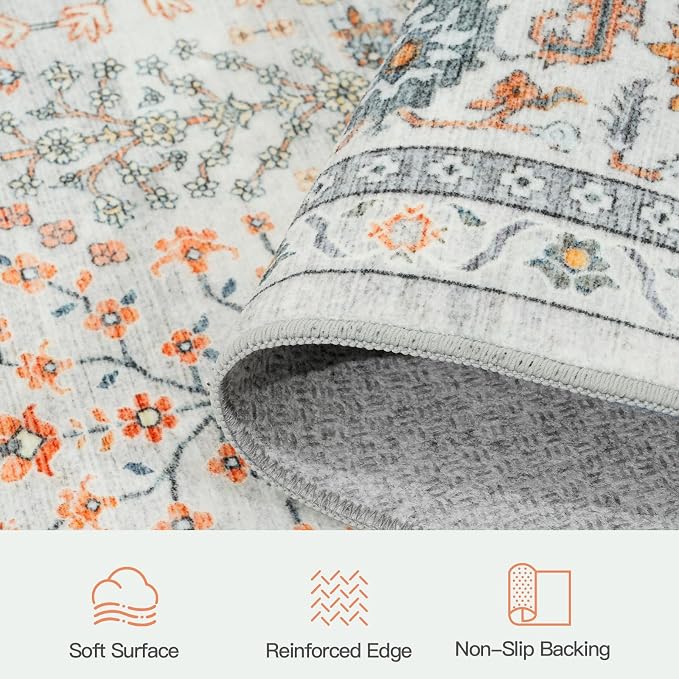 Lofus 5x7 Washable Beige Area Rug for Living Room Bedroom Non-Slip Low Pile | Soft Boho Vintage Area Rugs for Bedroom Dinning Room Home Office Indoor