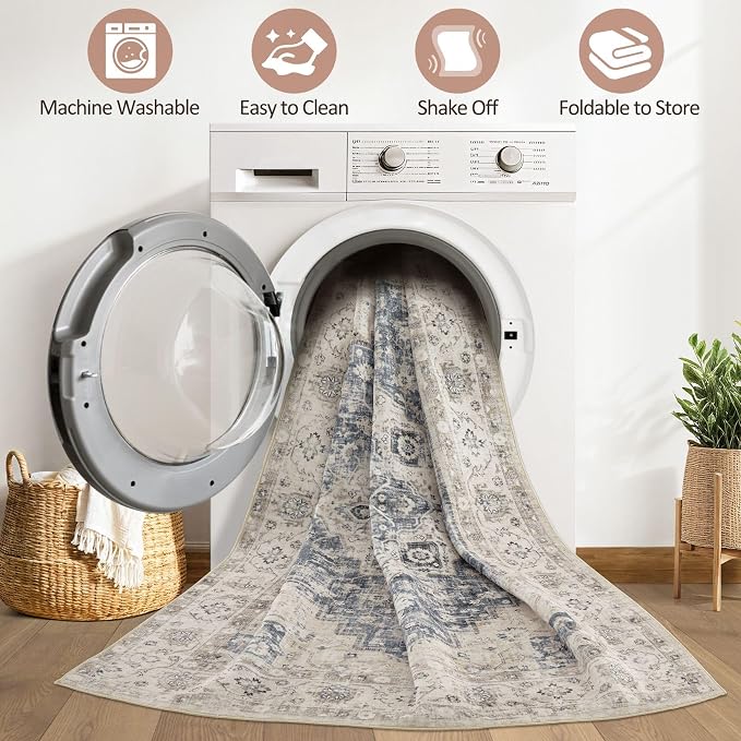 7x9 Area Rug Living Room: Washable Boho Large Neutral Vintage Soft Rug Stain Resistant Distressed Farmhouse Non-Slip Indoor Floor Carpet for Bedroom Nursery Kids Office Dining Room- Brown Blue