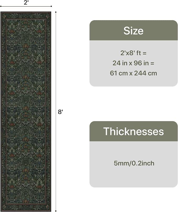 GENIMO 2x8 Washable Long Runner Rug, Non Slip Hallway Mat, Dark Green | Vintage Boho Floral Low Pile Thin Mat for Entryway, Kitchen, Bedroom, Indoor Decor