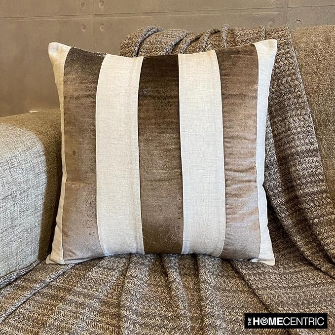 The HomeCentric Pillow Cases, Brown Pack of 2, 24x24 inch (60x60 cm) Throw Pillows, Velvet Patchwork Throw Pillows for Couch, Striped Modern Style Easter - Velvet Band Choco