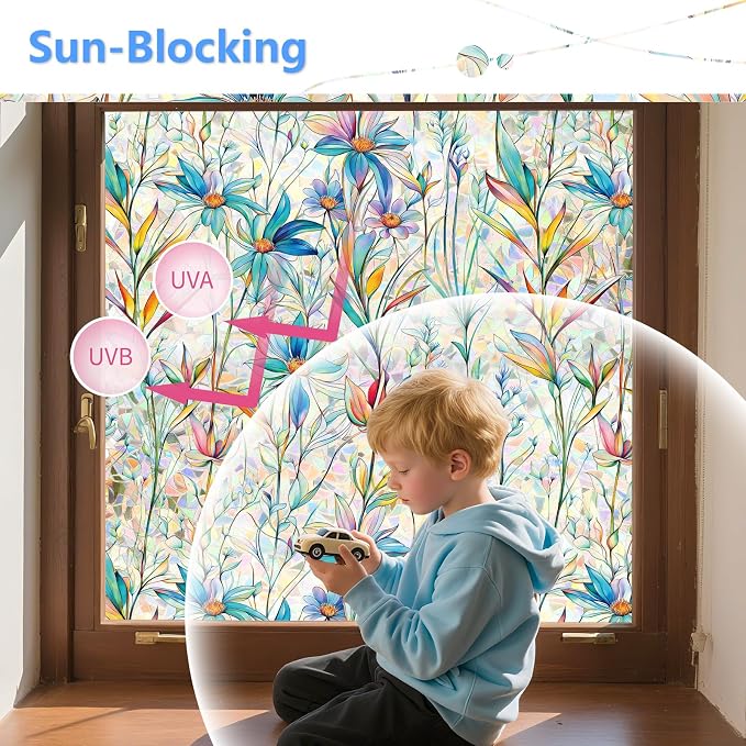 FINNEZ Window Privacy Film Stain Glass Film Flowers Rainbow Window Film Window Clings Non-Adhesive Reusable Decorative for Home（Blue Lotus，35.4 Inch x 6.5 Feet）