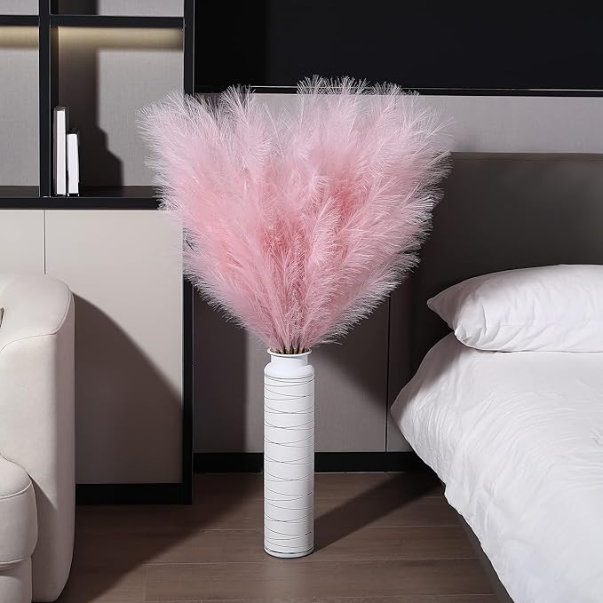 8 Pcs 45 inch Tall Faux Pampas Grass Decor, Large Artificial Pink Pompous Grass Bulk, Long Fake Pompas for Floor Vase Filler, Wedding, Baby Shower, Home and Boho Decor (Pink)