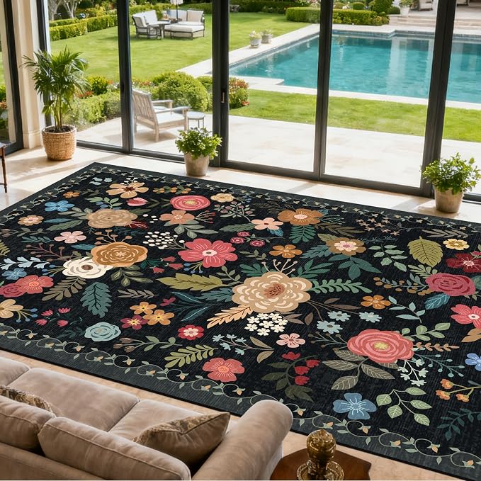 Area Rug for Living Room, 10x12 Large Washable Rugs for Dining Room, Bedroom, Non Slip Stain Resistant Carpet, Low Pile Vintage Floral Rug (Black)