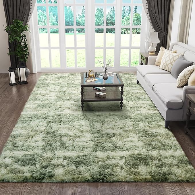 Ophanie 6x9 Green and White Area Rugs for Living Room,Large Sage Green Fluffy Shag Fuzzy Plush Soft Carpets,Floor Shaggy Rugs for Bedroom,Carpet for Kids Girls Dorm Decor with Over 99 pcs Pile fibers