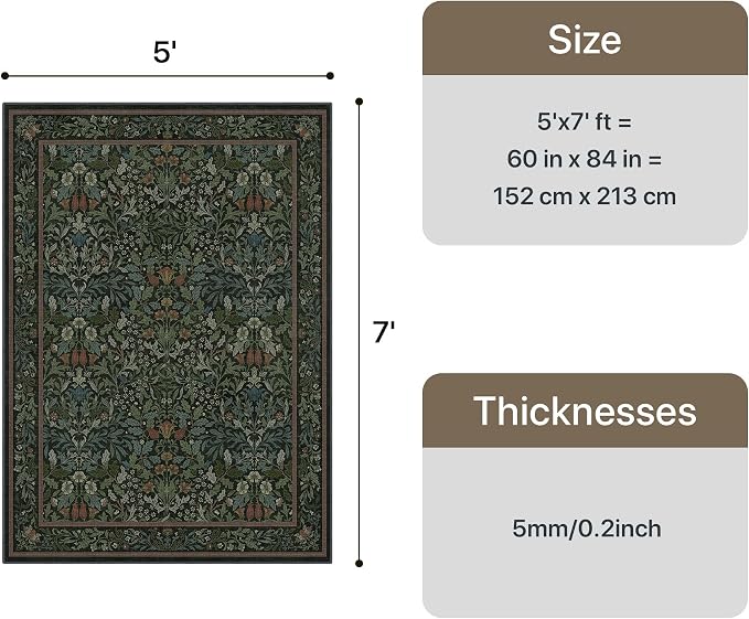 GENIMO 5x7 Washable Area Rugs for Living Room, Non Slip, Dark Green | Vintage Boho Floral Low Pile Thin Carpet for Bedroom, Dining Room, Nursery, Indoor Decor