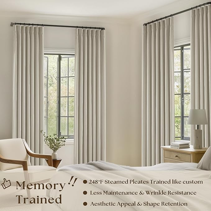 Beige Pleated Linen Blackout Curtains 102 Inches Long for Bedroom Living Room Pinch Pleat Black Out Thermal Insulated Ring Hooks Room Darkening Drapes Oatmeal Light Tan Curtains with Liner 40x102