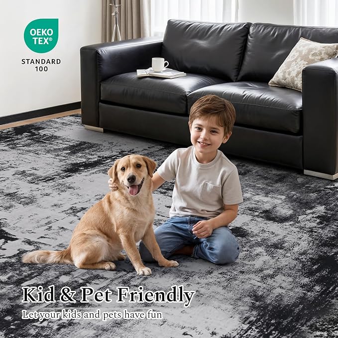 Rugflix 6x9 Area Rugs for Living Room, Washable Large Rug Stain-Resistant Low Pile, Modern Dark Carpet for Dining Room Home Office Kid Room Nursery Bedroom, Black Grey
