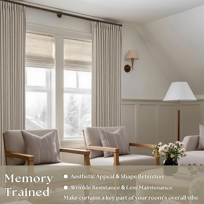 Burlywood Birch Pinch Pleated Linen Curtains 105 Inches Long for Living Room Bedroom 2 Panels Set Greyish Beige Flax Double Pleated Drapes Back Tab Farmhouse Ceiling Floor 105 Inch Window Curtains