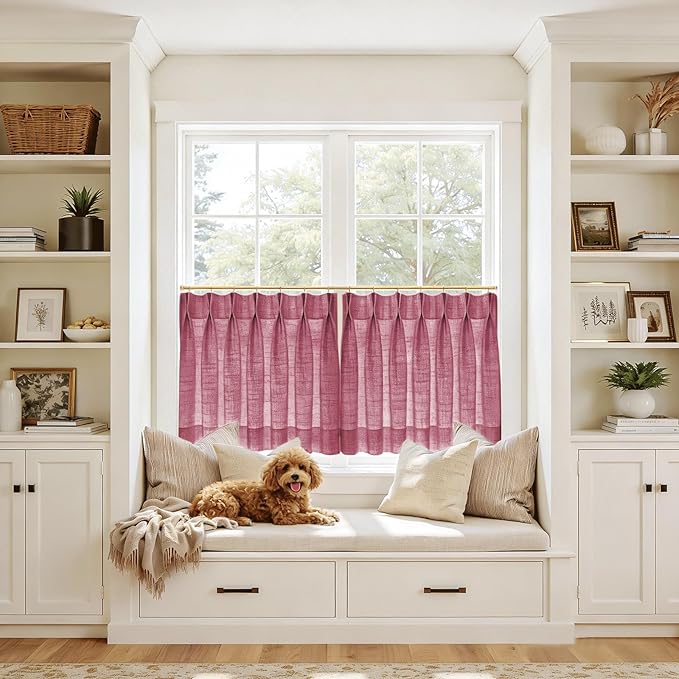 TWOPAGES 26" W x 45" L Linen Blend Cafe Curtains for Kitchen Window, Light Filtering Pinch Pleated Tier Curtains, Modern Farmhouse Half Window Curtains for Small Window, Burgundy Red, 2 Panels