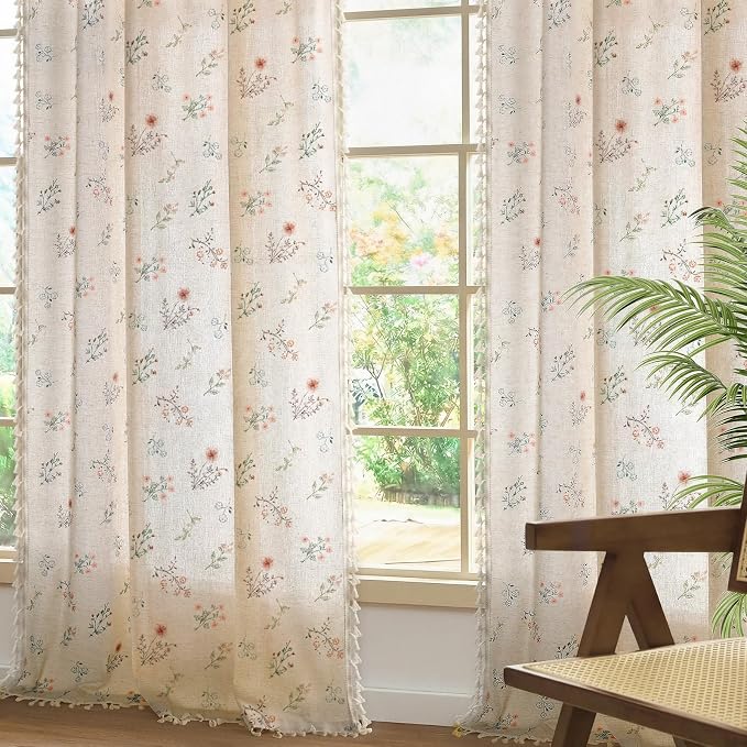 Boho Floral Spring Light Filtering Curtains 90 Inch Length 2 Panels Set, Farmhouse Semi Sheer Bedroom Living Room Vintage