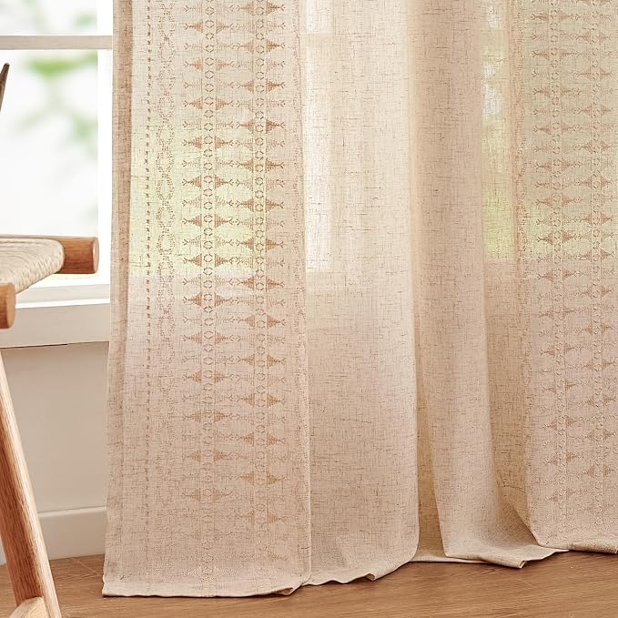 jinchan Boho Curtains for Bedroom Linen Blend Boho Curtains 96 Inches Long 2 Panels Farmhouse Embroidered Drapes for Living Room Drapes Light Filtering Grommet Window Traetments Ivory on Beige