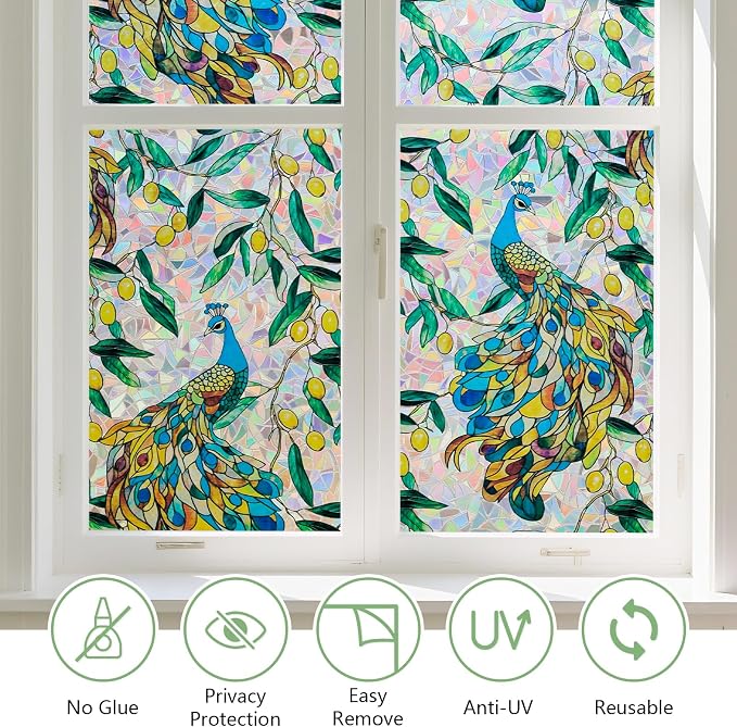 Kromapolis Window Privacy Film, Stained Glass Sticker Floral Window Clings, Decorative Static Clings UV Blocking Colorful Decals, Removable Vinyl Covering Rainbow Peacock, 23.6'' x 157.4''