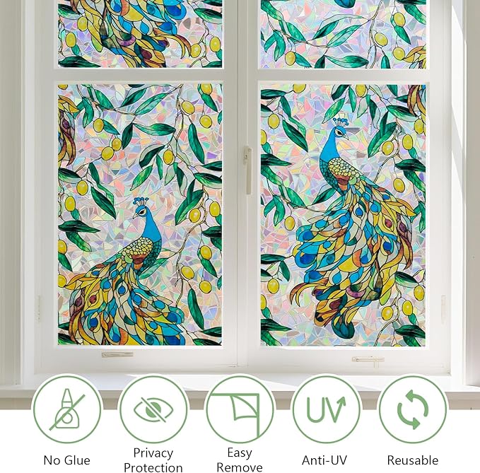 Kromapolis Window Privacy Film, Stained Glass Sticker Floral Window Clings, Decorative Static Clings UV Blocking Colorful Decals, Removable Vinyl Covering Rainbow Peacock, 35.4'' x 78.7''