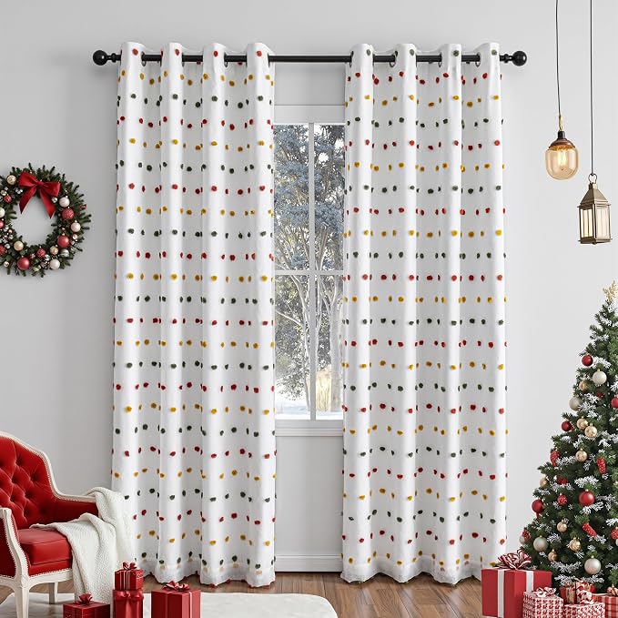 MEETSKY 100% Blackout Curtains for Girls/Kids/Nursery Bedroom 84 Inch Long Rainbow Green Red Yellow Curtains 2 Panels Room Darkening Grommet Window Drapes with Pom Pom Sheer 52W x 84L
