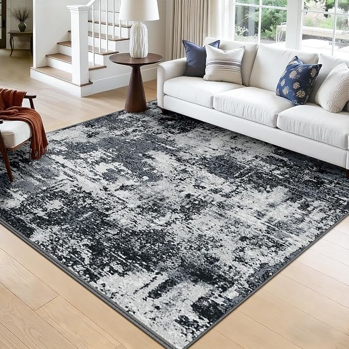 RELEANY Washable Area Rugs Square 8ft Non-Slip Modern Abstract Soft for Living Room Entryway Bedroom Kitchen, Print Pattern, Black Navy Blue Gray
