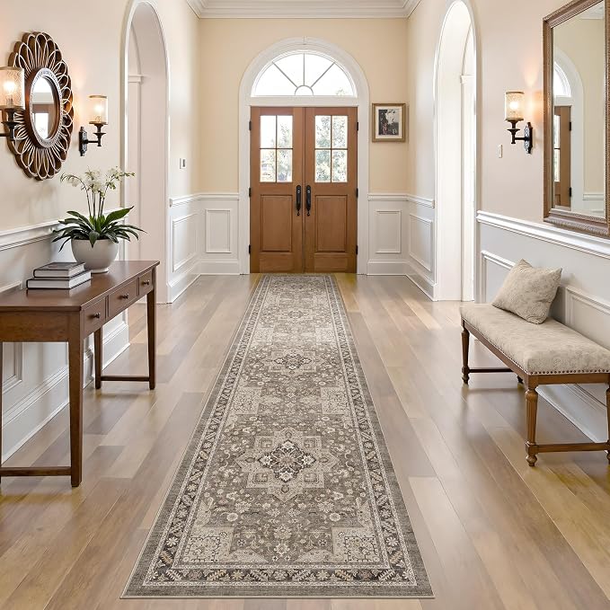 Vintage Hallway Runner Rug 2x10: Large Soft Washable Entryway for Kitchen Laundry Room Non-Slip Backing Runner for Entrance Living Room Bedroom Bathroom - Brown
