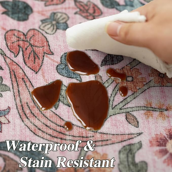 2x3 Washable Area Rug for Entryway Vintage Boho Floral Rug Non-Slip Low Pile Soft Faux Wool Small Carpet Kids and Pets Friendly for Bathroom Bedroom Kitchen Hallway Bedside Home Decor Rug Pink