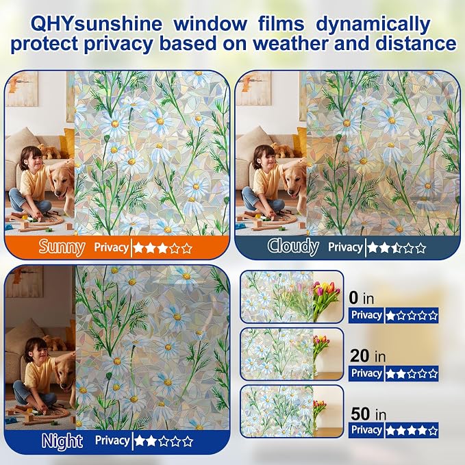 QHY Sunshine Privacy Window Film with Installation Tool Decorative Stained Glass Window Stickers Reusable Window Film (Leafy Daisy, 17.5 x 78.7)