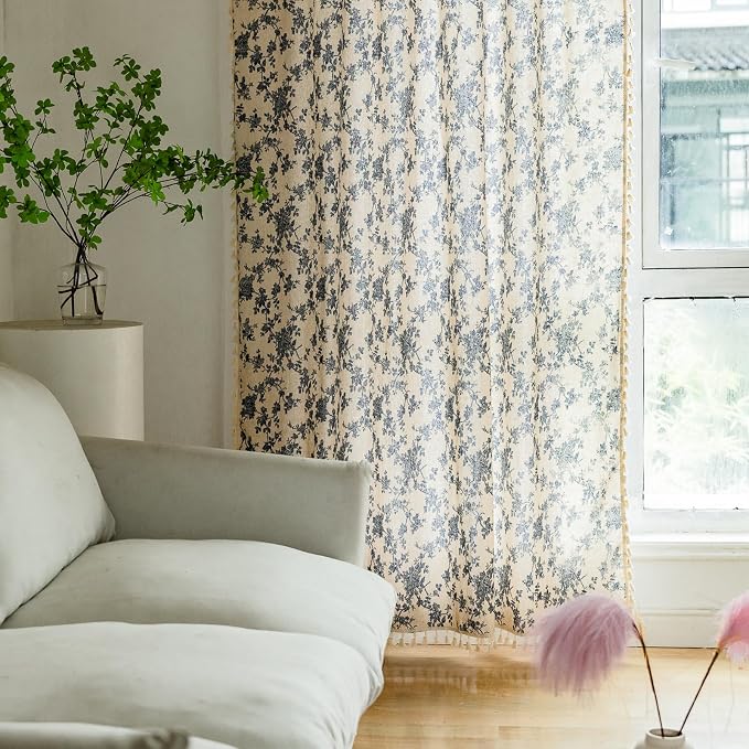 OYX Boho Blue Floral Curtains 63 Inch, Linen Farmhouse Toile Rose Drapes with Tassels, Light Filtering Semi Sheer Curtains for Living Room Bedroom, 2 Panels, Rod Pocket, 52Wx63L