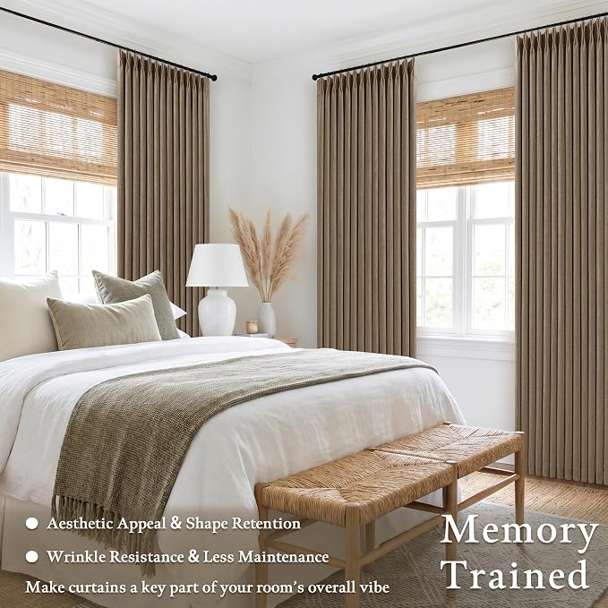 Latte Pleated Linen Blackout Curtains 84 Inches Long for Bedroom Living Room Pinch Pleat Black Out Thermal Insulated Ring Hooks Back Tab Room Darkening Drapes Light Brown Curtains with Liner