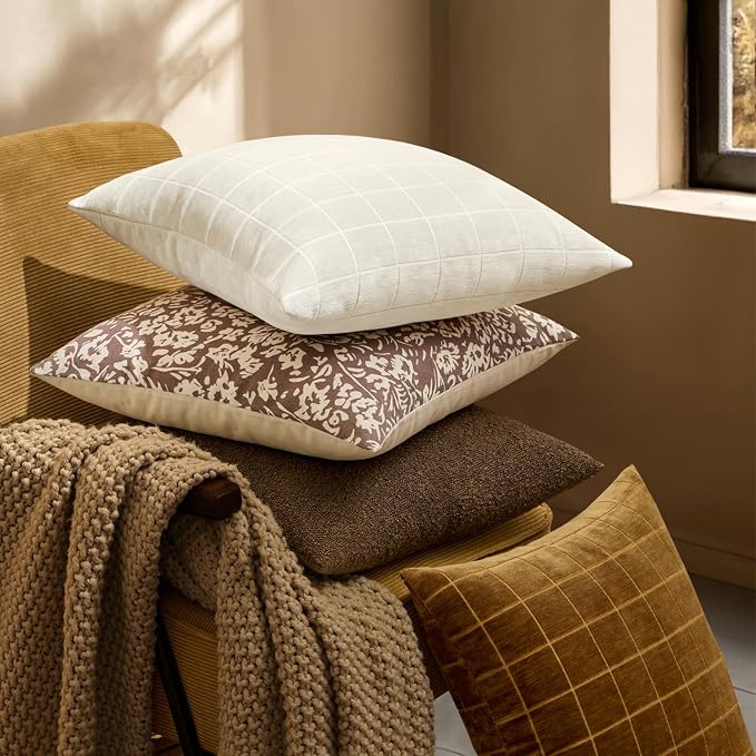 MIULEE Cream Plaid Decorative Throw Pillow Covers 18x18 Set of 2 | Vintage Check Chenille Couch Pillows Neutral Boho Farmhouse Cushion Covers Modern Home Decor for Sofa Bed Living Room