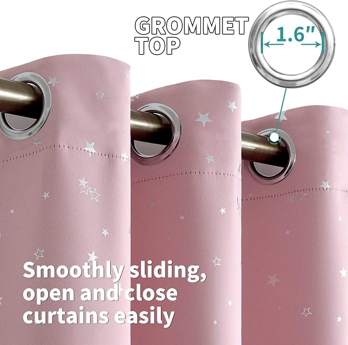 BGment Kids Blackout Curtains for Bedroom - Grommet Thermal Insulated Silver Star Print Room Darkening Curtains for Kids Room, Set of 2 Panels, 52 x 84 Inch, Baby Pink