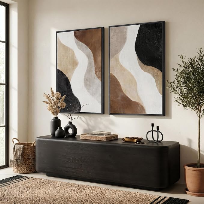 Large Framed Neutral Abstract Wall Art Set of 2 for Living Room, Brown Black White Minimalist Print Canvas Artwork for Walls, Contemporary Mid Century Modern Wall Decor for Bedroom Office, 24x36 In