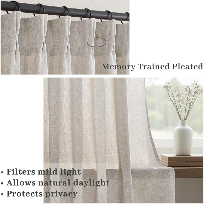 Pinch Pleated 92 Inch Curtains 2 Panels for Living Room,Light Brown Linen Curtains 92 Inches Long Pinch Pleat Drapes for Track System Light Filtering Semi Sheer Curtains for Dining Bedroom Office