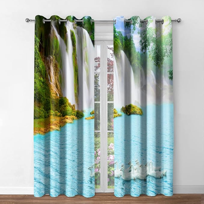 Jekeno Nature Waterfall Blackout Curtains for Bedroom Living Room Natural Mountains Waterfall Lakes Swan Trees Print Blocking Curtain Drapes Decor Home Grommet Window Treatment 2 Panel Set, 42"x63"