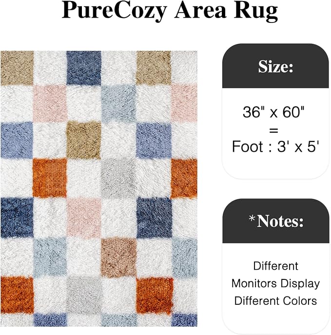 PureCozy Checkered Rug 3x5 for Living Room, Modern Rainbow Shag Rug Super Soft Washable Indoor Fuzzy Carpet Non-Slip Fluffy Rugs for Bedroom Home Aesthetic Decor