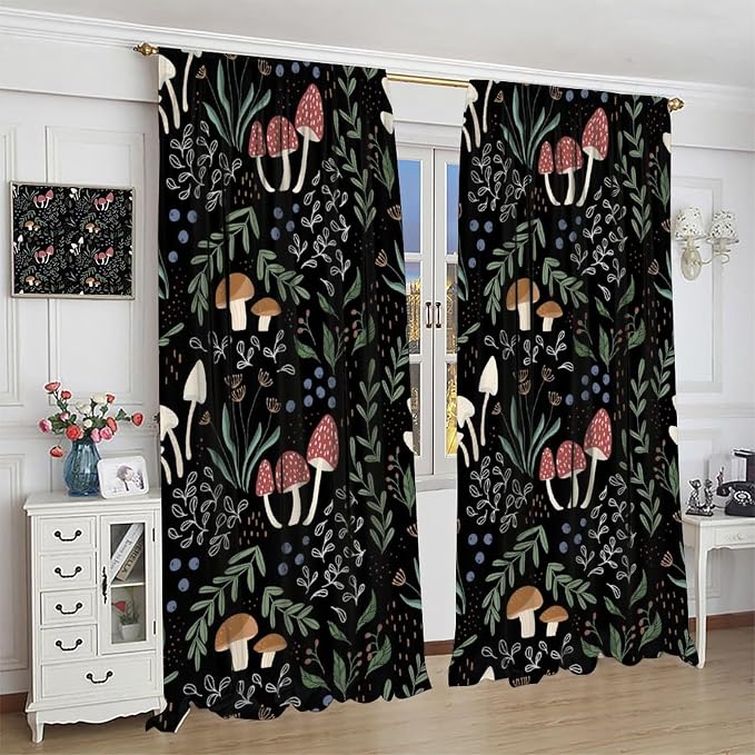 Mushroom Curtains, Cartoon Green Leaves Mushroom Wildflower Plant Botanical Boho Herb Nature Garden Print Blackout Window Drapes for Living Room Kids Bedroom 52x84in