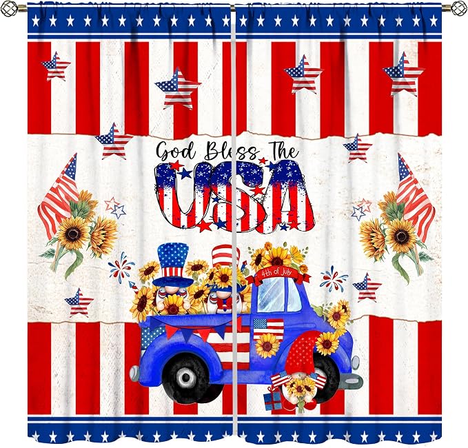 American Flag Curtains,4th of July Stars Stripe Sunflower Gnome Decor Drape for Bedroom Living Room Window Treatment 2 Panels Set Total Size 72" W X 63" L Inch