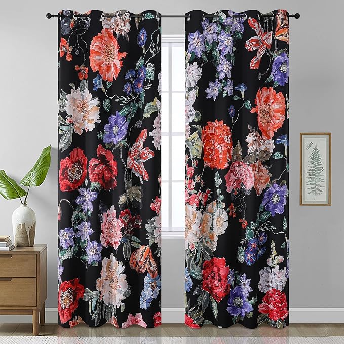 Estelar Textiler Floral Pattern Blackout Curtains for Living Room 102 inches Long 2 Panels,Dark Morning Glory Flower Room Darkening Window Grommet Drapes for Bedroom Decor,52" W X 102" L