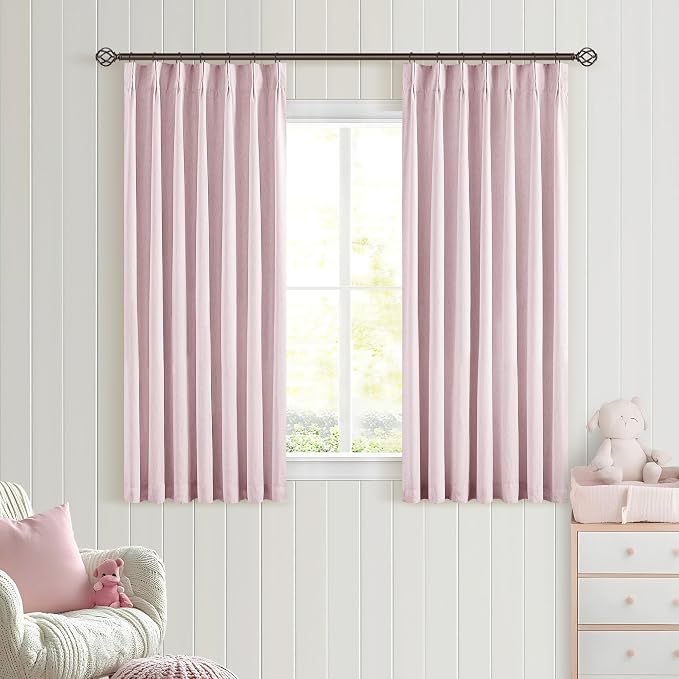 Pink Short Linen Curtains for Small Window 2 Panel Set Kitchen Curtains 45 Inch Length Pinch Pleated Back Tab 100% Blackout Blush Pink Linen Room Darkening Thermal Insulated Drapes for Cafe Bathroom