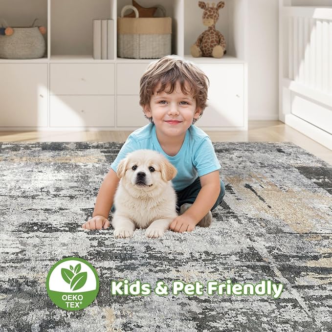 10x14 Area Rugs Living Room: Washable Large Abstract Modern Soft Rug Stain Resistant Indoor Floor Non Slip Accent Carpet for Bedroom Nursery Playroom Office Dining Room Dorm Home House- Black Gold