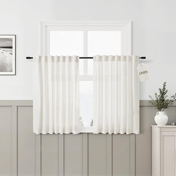 Aersas Kitchen Linen Curtains 45 Inch Length 2 Panel Set Back Tab Pocket Semi Sheer Light Filtering Cafe Short Curtain Farmhosue Natural Small Drapes for Basement Window Bathroom 52x45