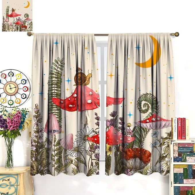 Watercolor Mushroom Curtains, Rustic Vintage Country Red Mushroom Nature Plants Fern Botanical Flowers Moon Stars Blackout Window Curtains for Bedroom Kitchen, 52" W X 84" L