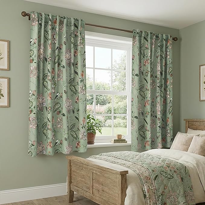 Lino Rosa Short Floral Patterned Blackout Curtains for Bedroom, Decorative Black Out Window Treatments for Bathroom & Kitchen & Small Window, 54 Inch Long, 2 Panels Set, Sage Green