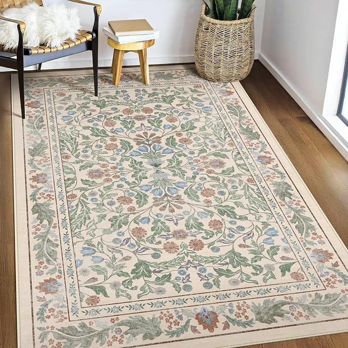 Floral Indoor Entrance 3x5 Area Rug, Washable Vintage Boho Entryway Rugs, Low Pile Non Slip Soft Carpet for Kitchen, Bedroom Beside, Laundry Room, Office Rug, Kids Room, Nursery Room， Beige Green