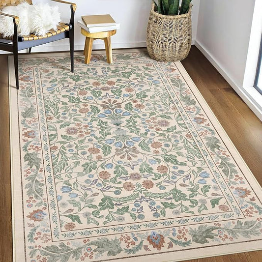 Floral Indoor Entrance 3x5 Area Rug, Washable Vintage Boho Entryway Rugs, Low Pile Non Slip Soft Carpet for Kitchen, Bedroom Beside, Laundry Room, Office Rug, Kids Room, Nursery Room， Beige Green