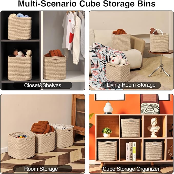 ICERZCZ 13 Inch Cube Closet Storage Bins, Woven Cotton Rope Organizer Baskets for Organizing & Shelves, Books, Towels, Clothes, Toys, 13x13x13 in, Brown (Pack of 3)