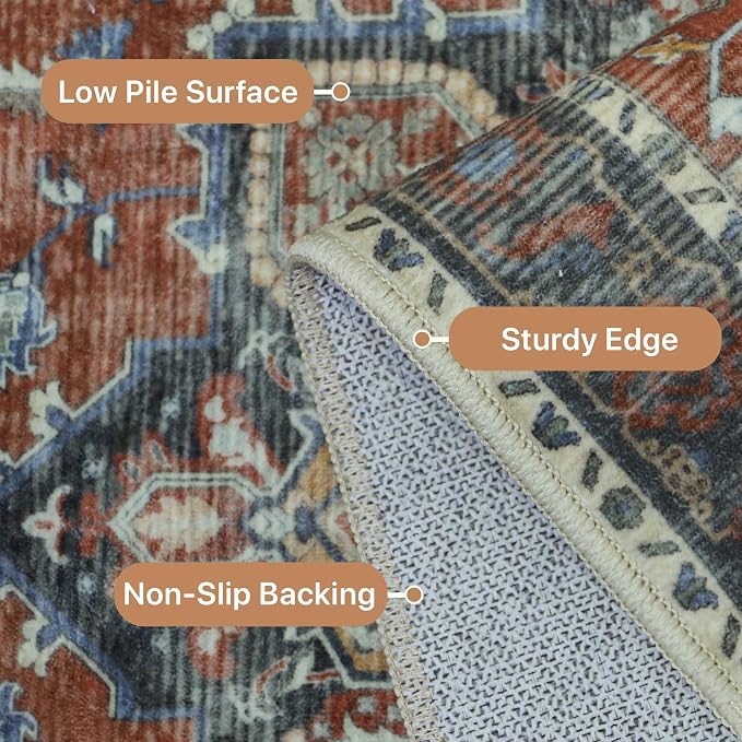 GENIMO 5FT Round Area Rugs for Living Room, Circle Rugs Machine Washable Low Pile, Non Slip Vintage Rug for Bedroom, Dining Room, Home Office, Bordeaux